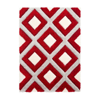 Grey Red Shaggy Rug, Geometric Rug With 40mm Thickness, Modern Turkish Rug For Bedroom, & Dining Room-160Cm X 220Cm