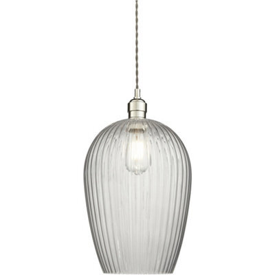 Loops Hanging Ceiling Pendant Light - Bright Nickel Plate & Large Clear Ribbed Glass - 10W Led E27 - image 1