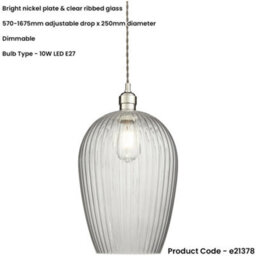 Loops Hanging Ceiling Pendant Light - Bright Nickel Plate & Large Clear Ribbed Glass - 10W Led E27 - thumbnail 2