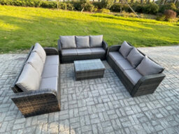 Fimous Rattan Lounge Sofa Set 9 Seater Outdoor Garden Furniture Set With Rectangular Coffee Table 3 Seater Sofa Dark Grey Mixed - thumbnail 2