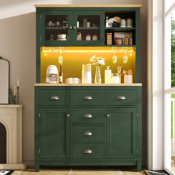 Abrihome Sideboard, Storage Cabinet, Kitchen Cabinet, Buffet Cabinet, Farmhouse Style, 5 Doors, With Led Light Strip & Drink Holders, Green - thumbnail 1
