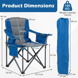 Gainoom Oversized Blue Camping Chair Portable Folding Chair Outdoor Padded Chair W/ Cup Holder & Carrying Bag - thumbnail 2
