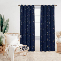 Deconovo Eyelet Blackout Curtains, Thermal Gold Wave Foil Printed Curtains For Living Room, 46 X 90 Inch, Navy Blue, One Pair - thumbnail 4