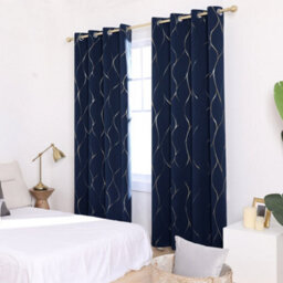 Deconovo Eyelet Blackout Curtains, Thermal Gold Wave Foil Printed Curtains For Living Room, 46 X 90 Inch, Navy Blue, One Pair