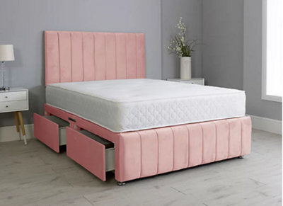 Comfy Deluxe 6Ft Superking Panel Pink Plush Divan Bed Set Headboard & Footboard 2 Drawers Right Side - image 1