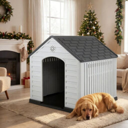 Costway Large Plastic Dog House Indoor Outdoor Doggy Kennel With Air Vents-Grey - thumbnail 4