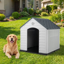 Costway Large Plastic Dog House Indoor Outdoor Doggy Kennel With Air Vents-Grey - thumbnail 5