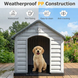 Costway Large Plastic Dog House Indoor Outdoor Doggy Kennel With Air Vents-Grey - thumbnail 6