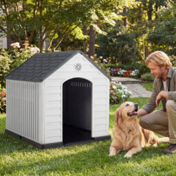 Costway Large Plastic Dog House Indoor Outdoor Doggy Kennel With Air Vents-Grey - thumbnail 3