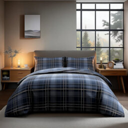 Duvet Cover And Pillowcase Set Indigo Tartan Check Design Polycotton Bed Linen Indigo - thumbnail 1