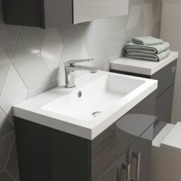 Hudson Reed Fusion Floor Standing 2 Door Vanity Unit & Polymarble Basin, Stylish Sink Vanity Unit, Gloss Grey, 600mm - thumbnail 2