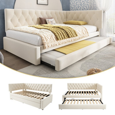 Matteo Upholstered Velvet Daybed With Pull-Out Trundle, 3Ft Single Sofa Bed - Beige - image 1