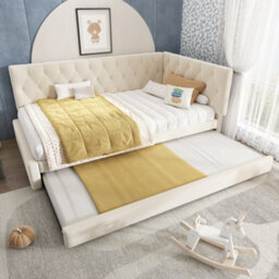 Matteo Upholstered Velvet Daybed With Pull-Out Trundle, 3Ft Single Sofa Bed - Beige - thumbnail 9
