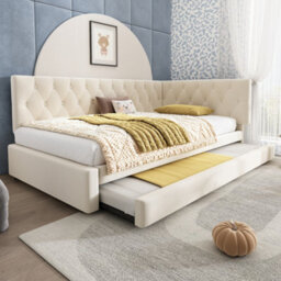 Matteo Upholstered Velvet Daybed With Pull-Out Trundle, 3Ft Single Sofa Bed - Beige - thumbnail 8