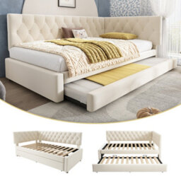 Matteo Upholstered Velvet Daybed With Pull-Out Trundle, 3Ft Single Sofa Bed - Beige