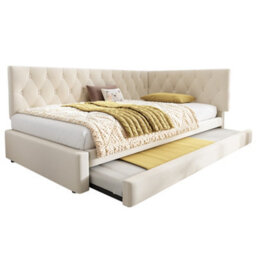 Matteo Upholstered Velvet Daybed With Pull-Out Trundle, 3Ft Single Sofa Bed - Beige - thumbnail 6