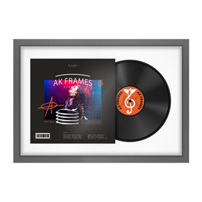 "AK Frames 25X17"" Dark Grey Sleek Vinyl Record Frame With White Mount For 12 Inch Lp Cover & Disc - Overlapped Design" - image 1