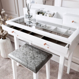 CARME Home Taylor Dressing Table With Hollywood Mirror Led Lights Touch Sensor Glass Tabletop Storage 4 Drawers Stool Set Bedroom Furniture - thumbnail 6