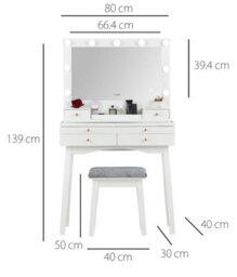 CARME Home Taylor Dressing Table With Hollywood Mirror Led Lights Touch Sensor Glass Tabletop Storage 4 Drawers Stool Set Bedroom Furniture - thumbnail 7