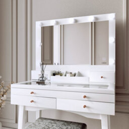 CARME Home Taylor Dressing Table With Hollywood Mirror Led Lights Touch Sensor Glass Tabletop Storage 4 Drawers Stool Set Bedroom Furniture - thumbnail 4