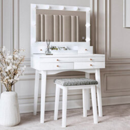 CARME Home Taylor Dressing Table With Hollywood Mirror Led Lights Touch Sensor Glass Tabletop Storage 4 Drawers Stool Set Bedroom Furniture - thumbnail 1
