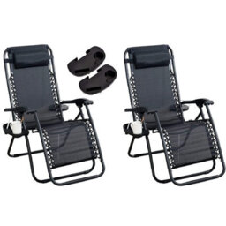 Abaseen Set Of 2 Sun Lounger Zero Gravity Chairs, Garden Folding Reclining Chairs With Cup And Phone Holder - thumbnail 1