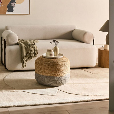 Wyld And Coco Taupe Jute Pouffe 50 X 50 X 40 Cm Round Ottoman With Eps Bead Filling Boho-Chic - image 1