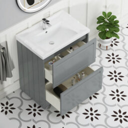 Royal Bathrooms Elmore 700mm Floor Standing 2 Drawer Bathroom Vanity Unit With Traditional Ceramic Basin Sink - Matt Pebble Grey - thumbnail 5