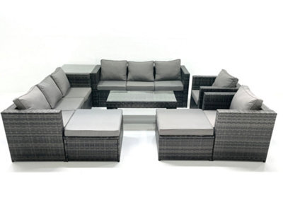 Fimous Rattan Garden Furniture Sofa Set With Coffee Table Armchair Side Table 2 Big Footstools Dark Grey Mixed - image 1