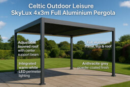 Celtic Leisure Skylux 4M X 3M Square Led Aluminium Pergola With 3 Privacy Pull Down Screens Led Lights Anthracite Grey