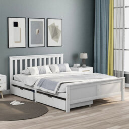 HomeTouch Classic Solid Wood Double Bed Frame With 2 Large Storage Drawers 4Ft6 Double Wooden Bed (White 190X135Cm) - thumbnail 5