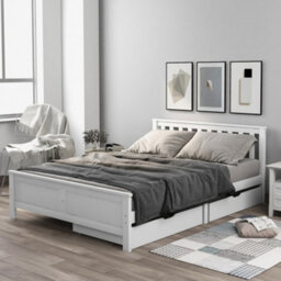 HomeTouch Classic Solid Wood Double Bed Frame With 2 Large Storage Drawers 4Ft6 Double Wooden Bed (White 190X135Cm) - thumbnail 4