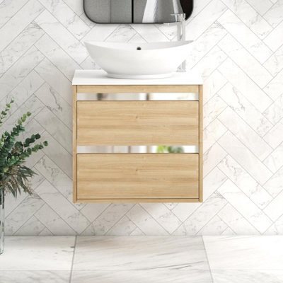 Royal Bathrooms Orion 600mm Natural Oak Wall Hung Plain White Countertop Vanity Unit 2 Drawer With Amaze Basin & Chrome Accent Trim - image 1
