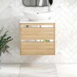 Royal Bathrooms Orion 600mm Natural Oak Wall Hung Plain White Countertop Vanity Unit 2 Drawer With Amaze Basin & Chrome Accent Trim
