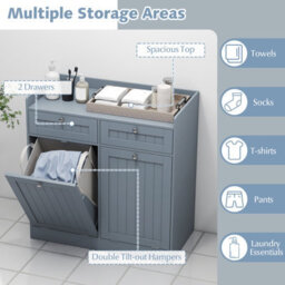 Gainoom Grey Double Tilt-Out Laundry Hamper Cabinet Freestanding Bathroom Storage Organizer - thumbnail 6