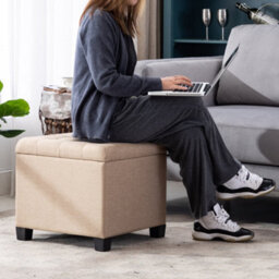 Hnnhome Pouffe Footstool Ottoman Storage Box,45Cm Cube Strong Wooden Frame Linen Seat Chair With Lids For Bedroom(Yellow) - thumbnail 5