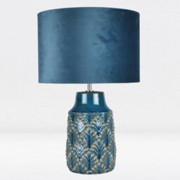 First Choice Lighting Peacock Glazed Ceramic Lamp With Teal Velour Shade