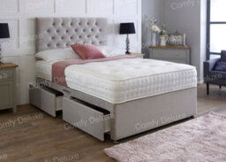 Comfy Deluxe 4Ft Small Double Silver Plush Velvet Pocket Divan Bed & Chesterfield Headboard 4 Drawers