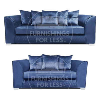 Furnishings For Less UK Victoria Soft Plush Velvet Fabric Sofaset 3 And 2 Seater Sofa  Blue - Scatter Back - image 1