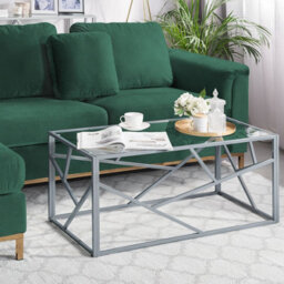 Beliani Design Geometric Glass Coffee Table 100 X 50 Cm Silver Frame - Glam Rectangular Centrepiece - thumbnail 1
