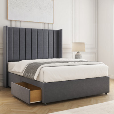 Bsspoke Hannah Divan Bed Set Steel Plush Velvet 54Inch Wingedback Headboard & 2 Drawers Footend No Mattress In 4Ft 4Ft6 5Ft 6Ft - image 1