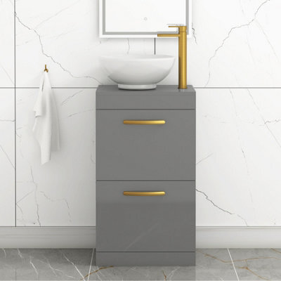 Royal Bathrooms 500mm Floor Standing Vanity Unit 2 Drawer Indigo Grey Gloss & Countertop Basin - Breeze With Brushed Brass Handle - image 1