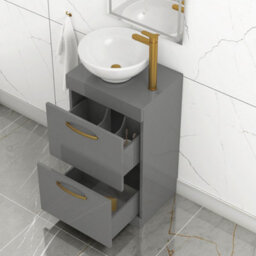 Royal Bathrooms 500mm Floor Standing Vanity Unit 2 Drawer Indigo Grey Gloss & Countertop Basin - Breeze With Brushed Brass Handle - thumbnail 3