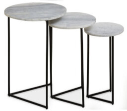 Orsina Nest Of 3 Natural Marble Top Side Tables Set, Round  End Tables For Home, Black Powder Coated Open Frame