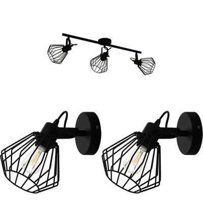 Stylish Black Wire Cage Ceiling Spot Light With 2 Matching Wall Lamps - image 1