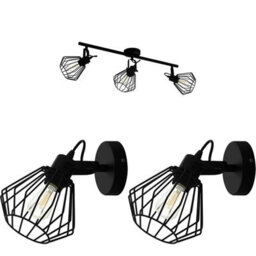 Stylish Black Wire Cage Ceiling Spot Light With 2 Matching Wall Lamps - thumbnail 1