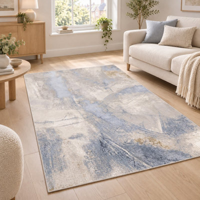 Underfoot Abstract Rug Blue Beige Modern Large Small High Low Pile Living Room Bedroom - image 1