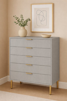 Home Treats Ridged Chest Of Drawers Large Set Of 5 Drawers Taupe Bedroom Dresser - image 1