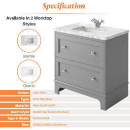 Plum&clay Beckett Light Grey Floor Standing Traditional Bathroom Vanity Unit & Basin (W)800mm (H)850mm - thumbnail 6
