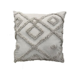 Velosso Bohemian Tufted Design Square Cushion, Soft Cotton Textured Weave, Zip Closure, Machine Washable - Grey